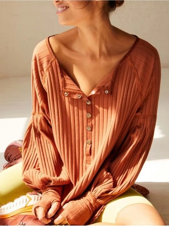 FP Movement by Free People Tops - FP Movement by Free People Ribbed Snap Henley Tunic in Rust